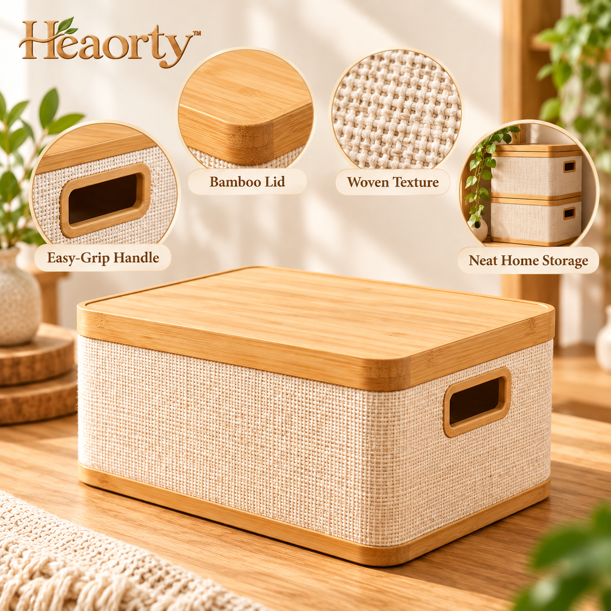 Heaorty™ Fabric Storage Box with Bamboo-Style Lid – Neutral Shelf Organizer