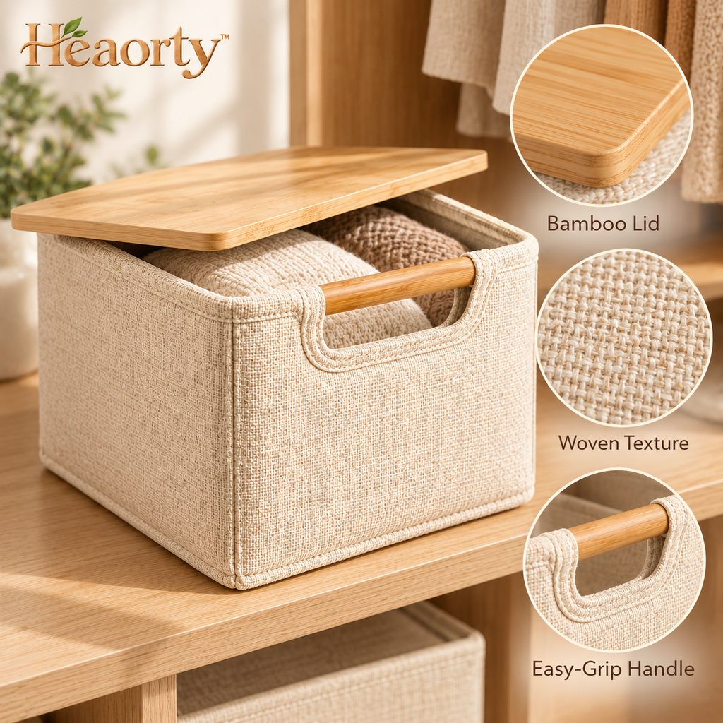 Heaorty™ Open-Top Fabric Storage Basket – Neutral Bin with Wood-Look Handles