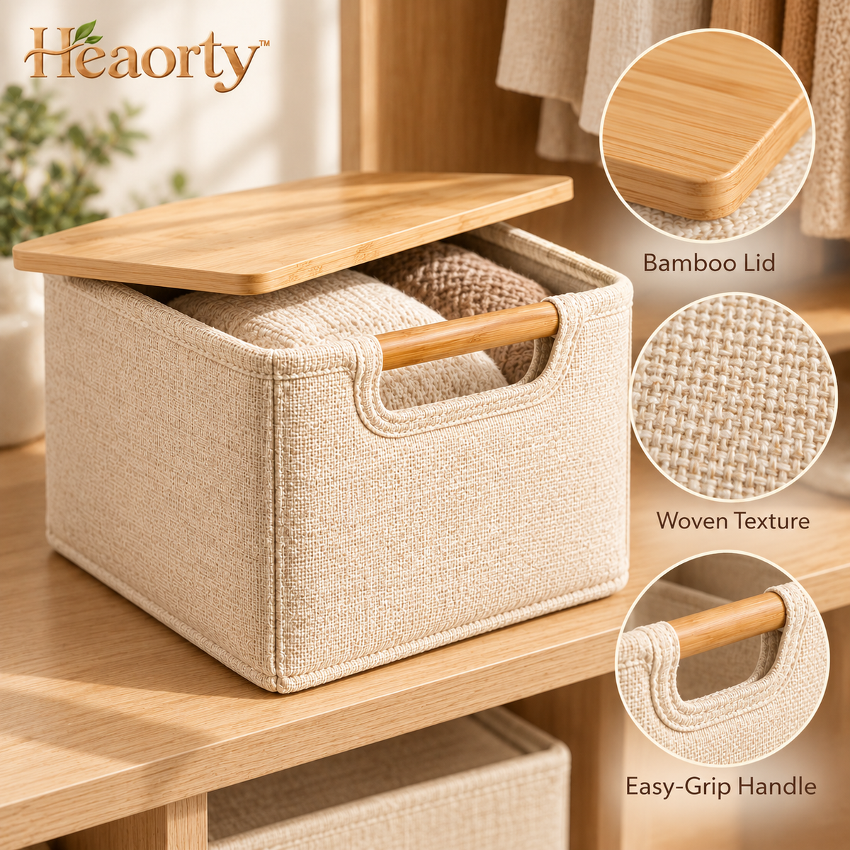 Heaorty™ Open-Top Fabric Storage Basket – Neutral Bin with Wood-Look Handles