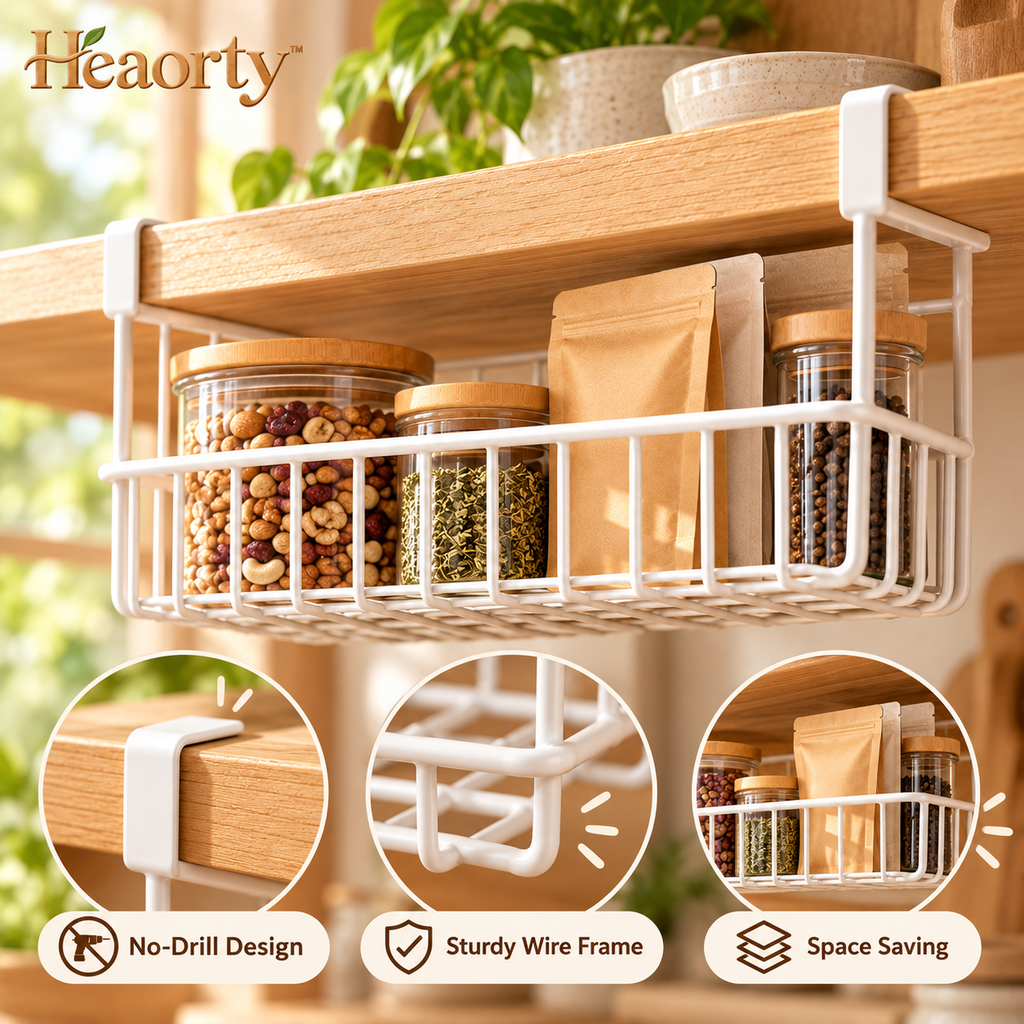 Heaorty™ Under-Shelf Wire Storage Basket – Hanging Kitchen Organizer