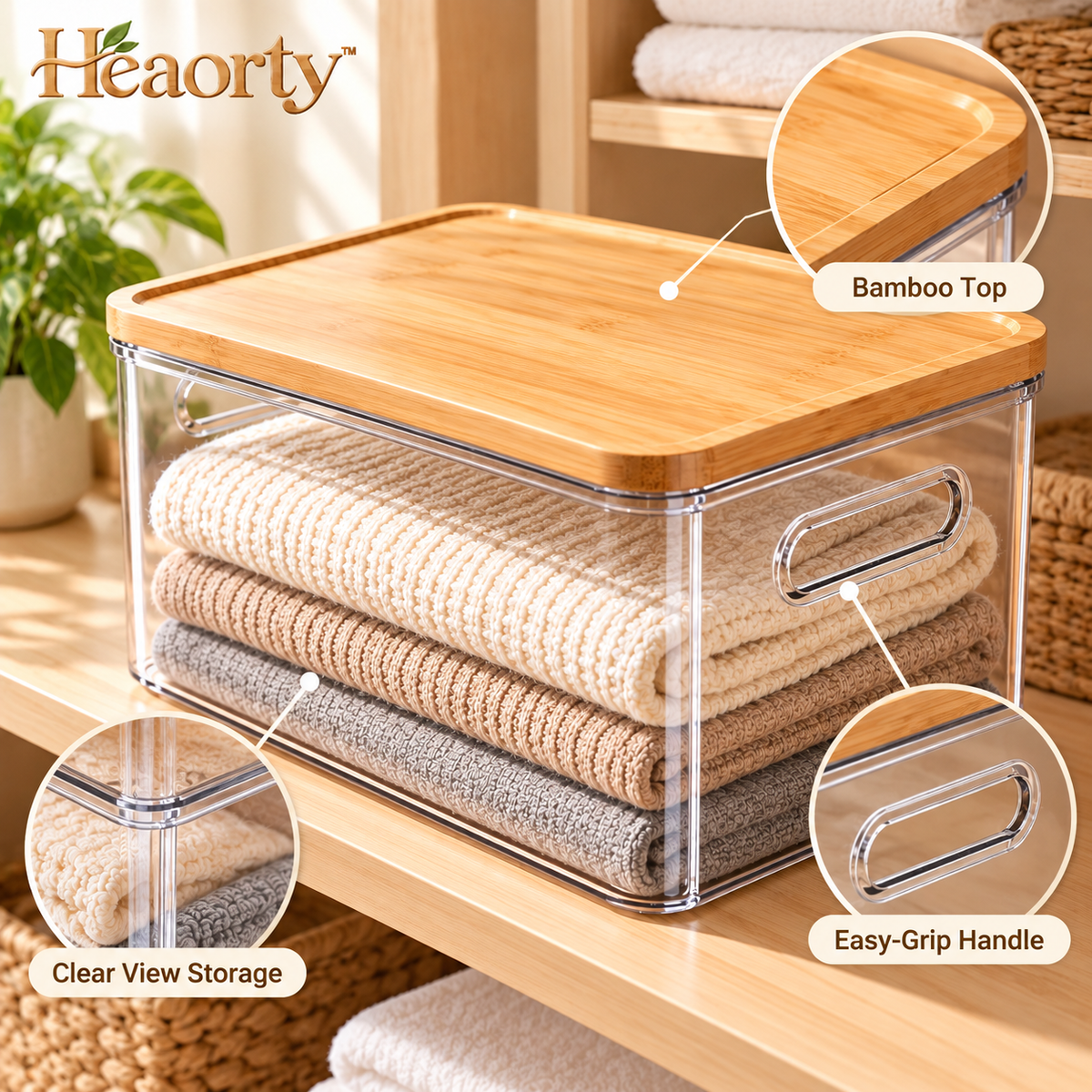 Heaorty™ Clear-Front Clothing Storage Box – Folded Linen Organizer with Wood-Look Lid