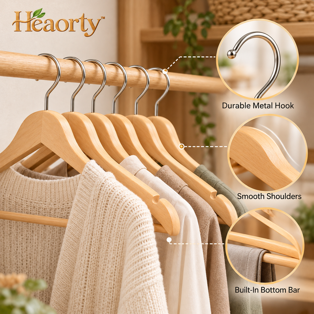 Heaorty™ Natural Wood Clothes Hangers – Smooth Curved Closet Hanger Set