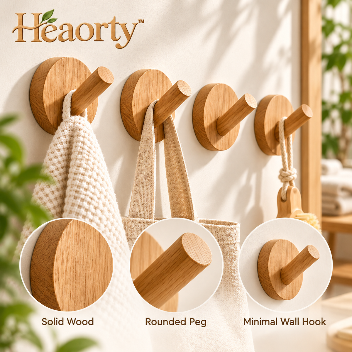 Heaorty™ Round Wooden Wall Peg Hooks – Minimalist Entryway Hanging Hooks