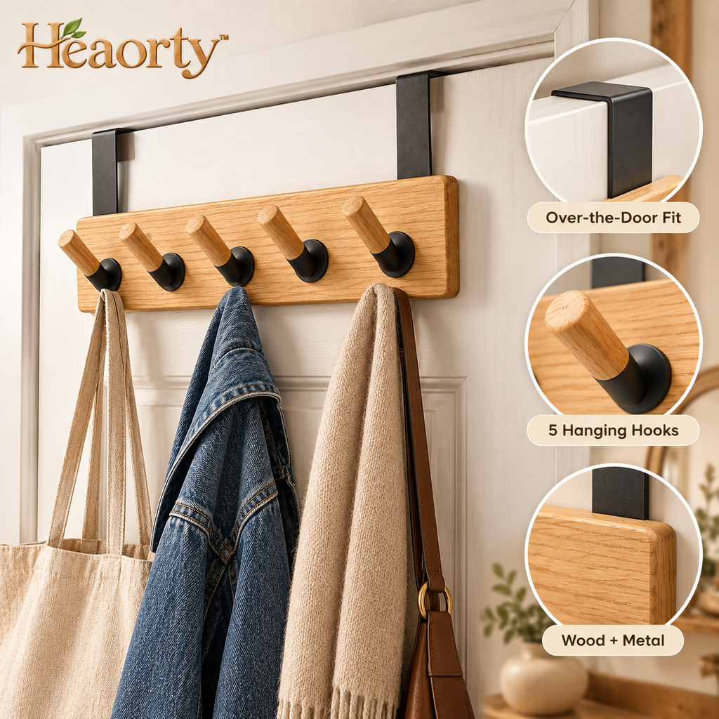 Heaorty™ Over-the-Door Hook Rack – Wood-Look Organizer with Black Metal Hooks