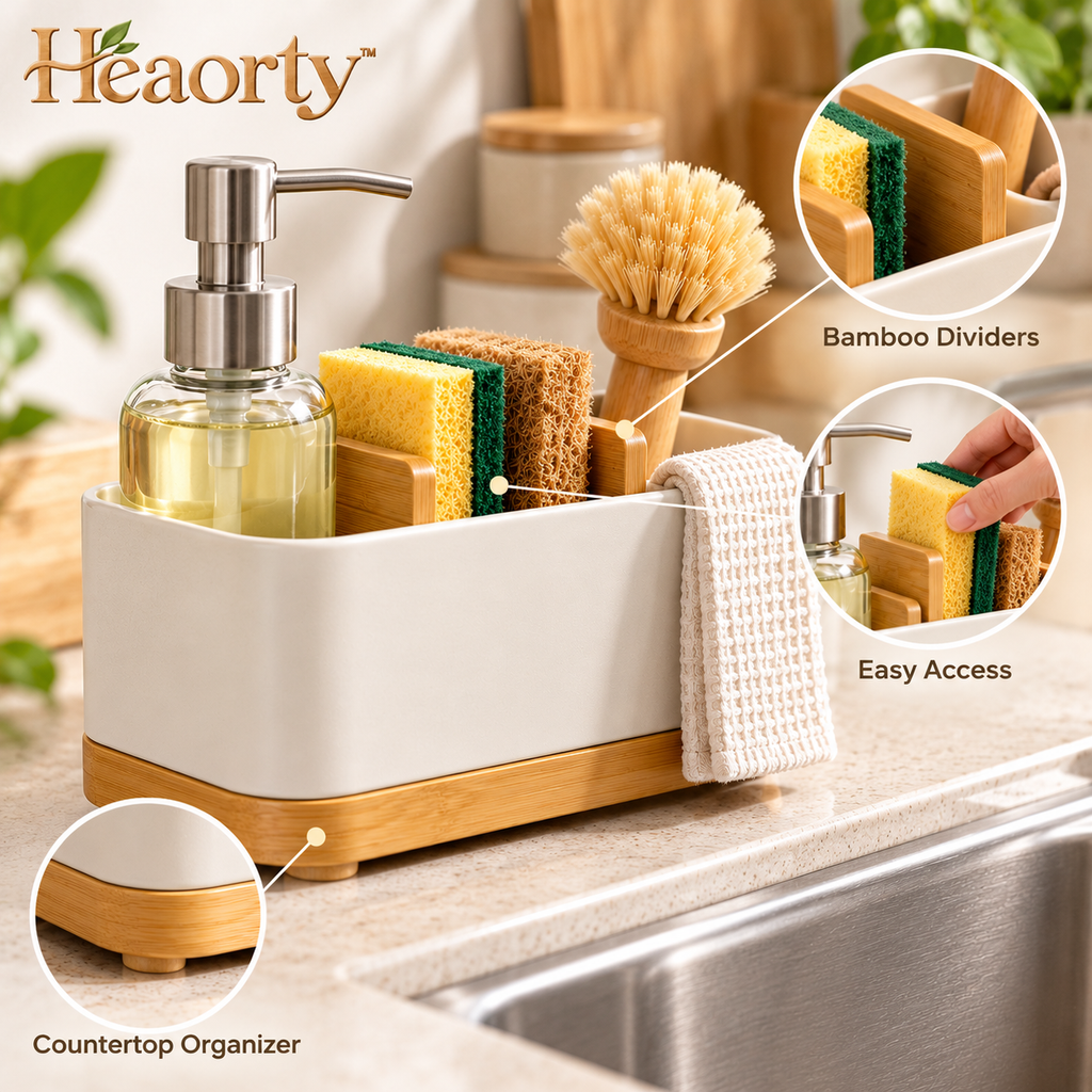 Heaorty™ Kitchen Sink Caddy – Cream Countertop Organizer with Wood-Look Base