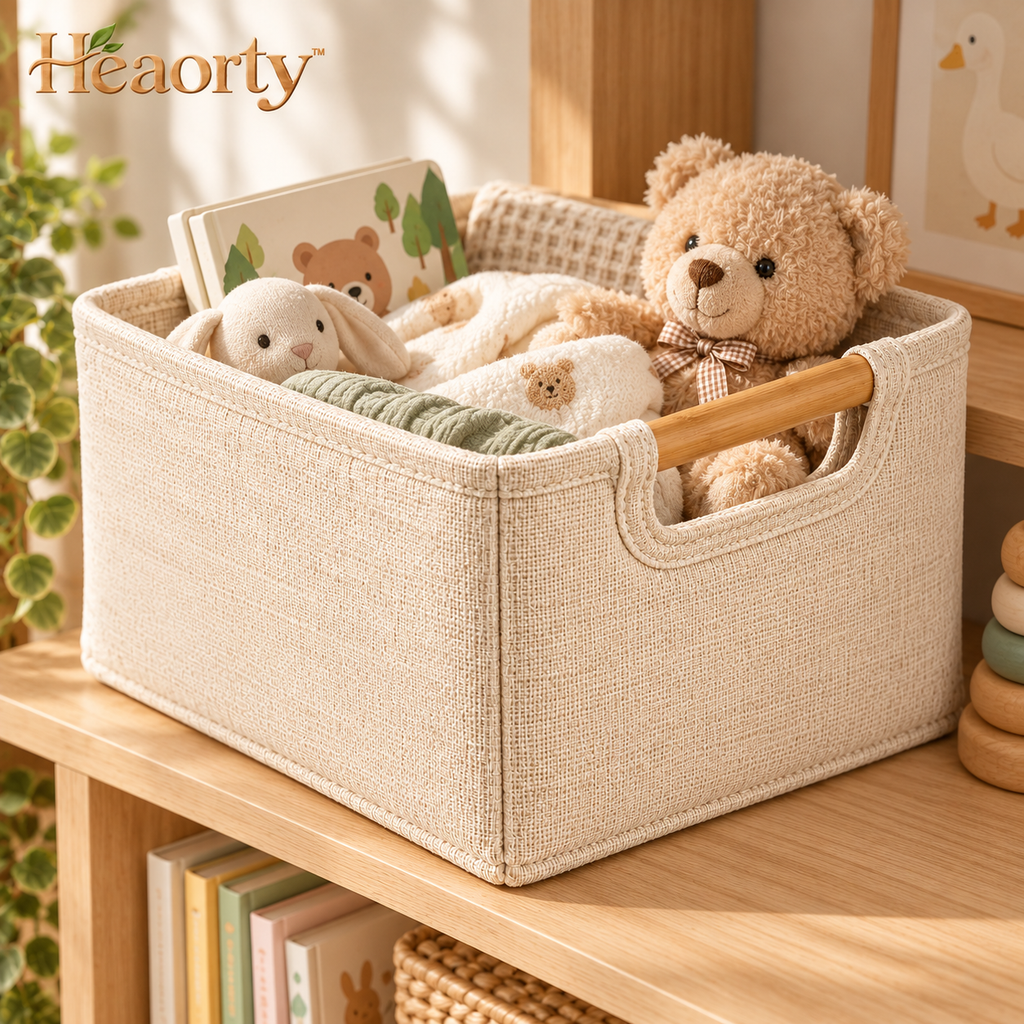 Heaorty™ Open-Top Fabric Storage Basket – Neutral Bin with Wood-Look Handles