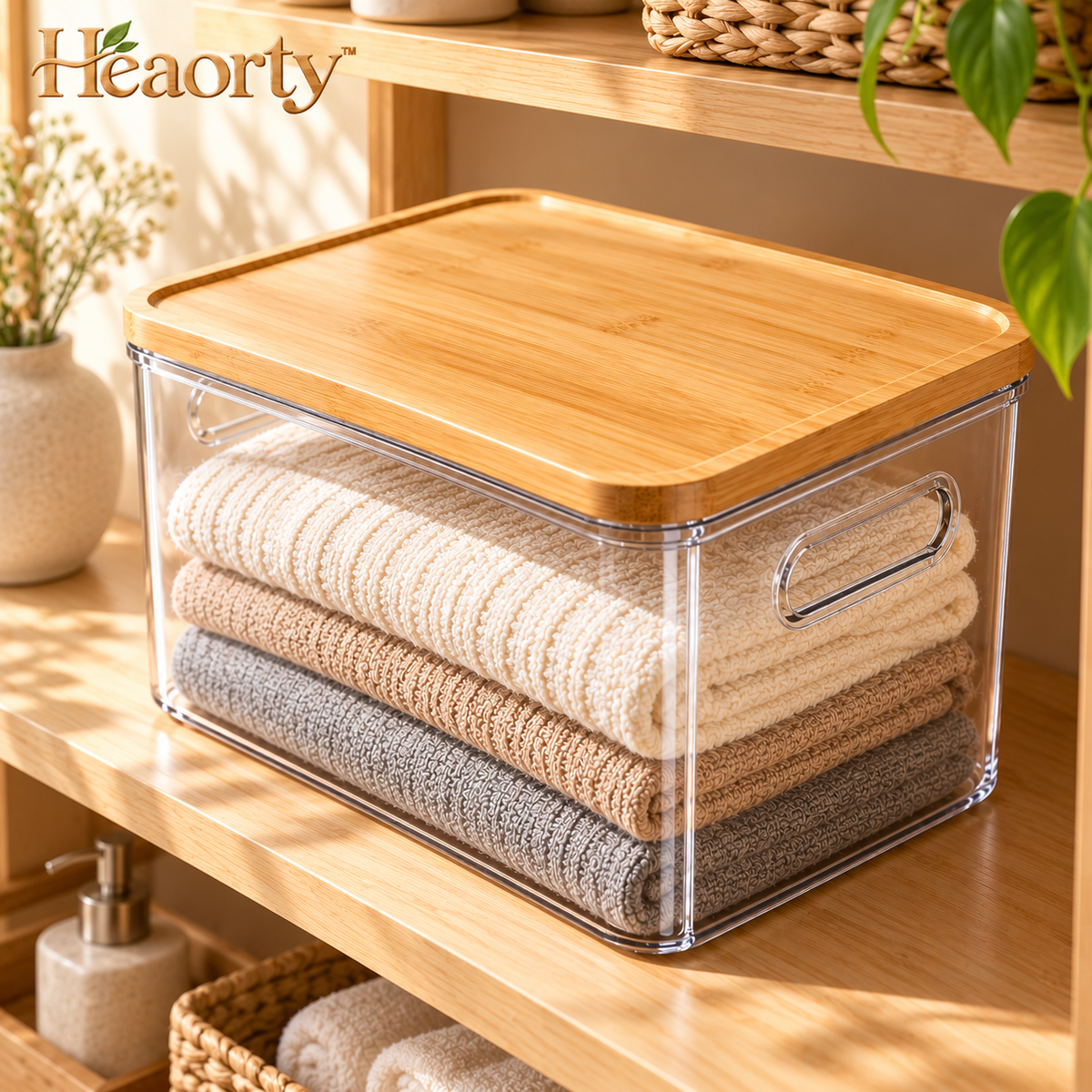 Heaorty™ Clear-Front Clothing Storage Box – Folded Linen Organizer with Wood-Look Lid