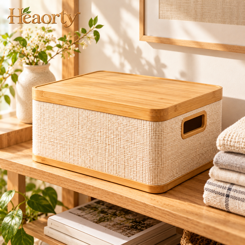 Heaorty™ Fabric Storage Box with Bamboo-Style Lid – Neutral Shelf Organizer