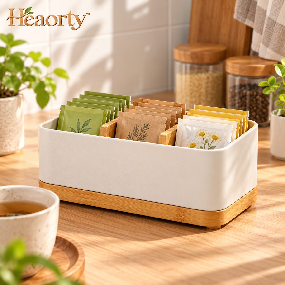 Heaorty™ Kitchen Sink Caddy – Cream Countertop Organizer with Wood-Look Base