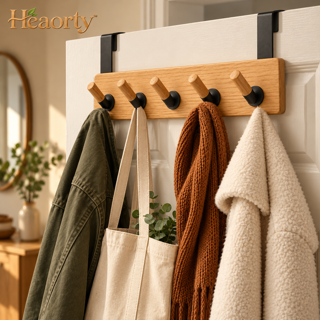 Heaorty™ Over-the-Door Hook Rack – Wood-Look Organizer with Black Metal Hooks
