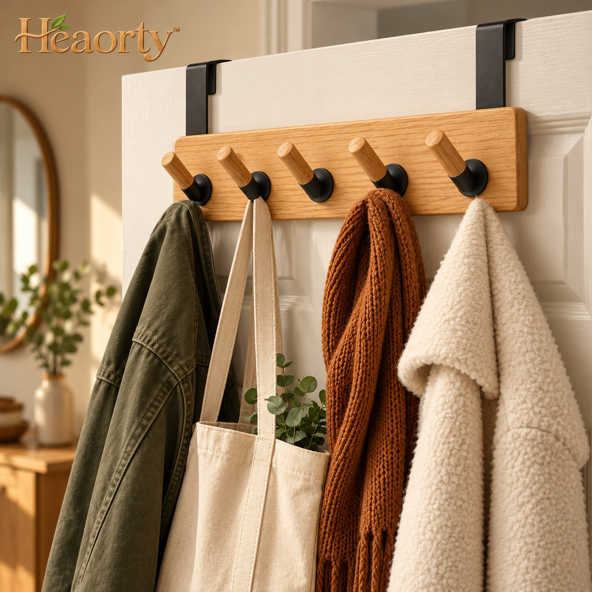 Heaorty™ Over-the-Door Hook Rack – Wood-Look Organizer with Black Metal Hooks