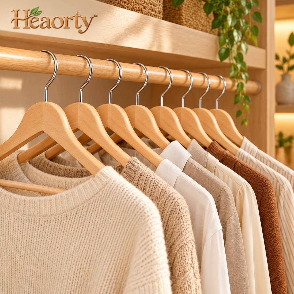Heaorty™ Natural Wood Clothes Hangers – Smooth Curved Closet Hanger Set