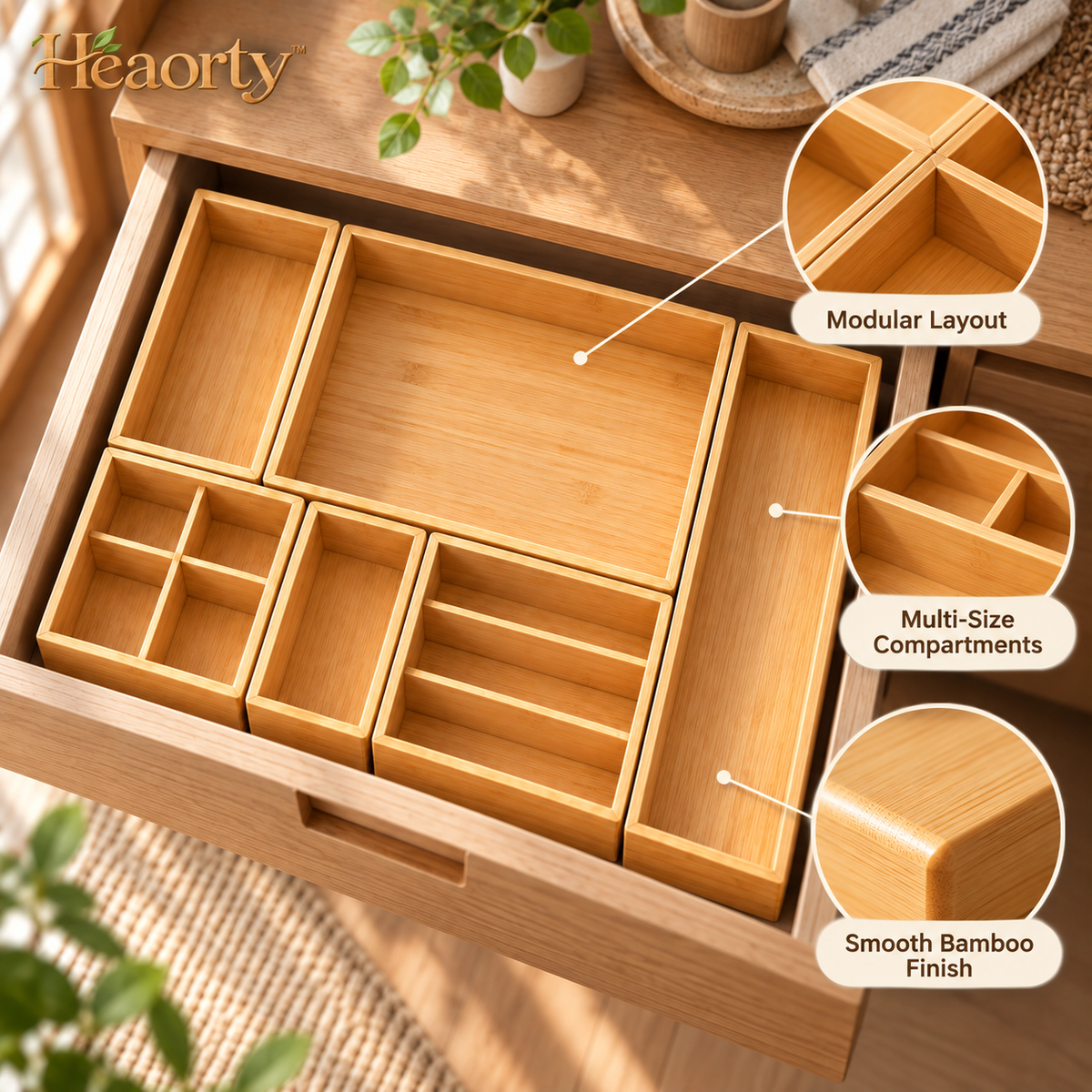 Bamboo Compartment Organizer Tray – Multi-Section Drawer Insert lifestyle image