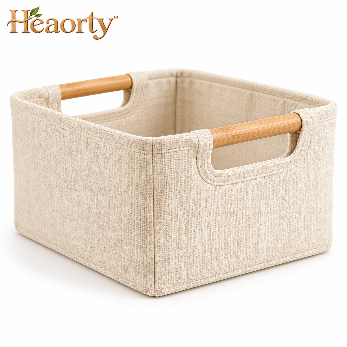 Open-Top Fabric Storage Basket – Neutral Bin with Wood-Look Handles main view
