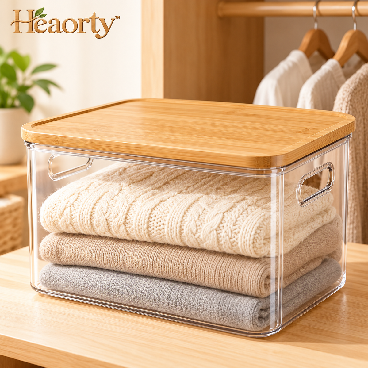 Clear-Front Clothing Storage Box – Folded Linen Organizer with Wood-Look Lid main