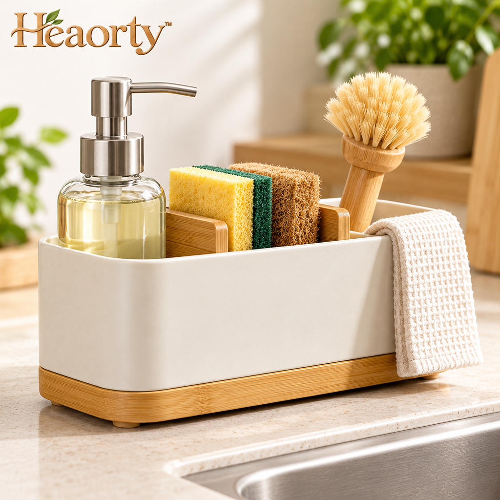 Kitchen Sink Caddy – Cream Countertop Organizer with Wood-Look Base main