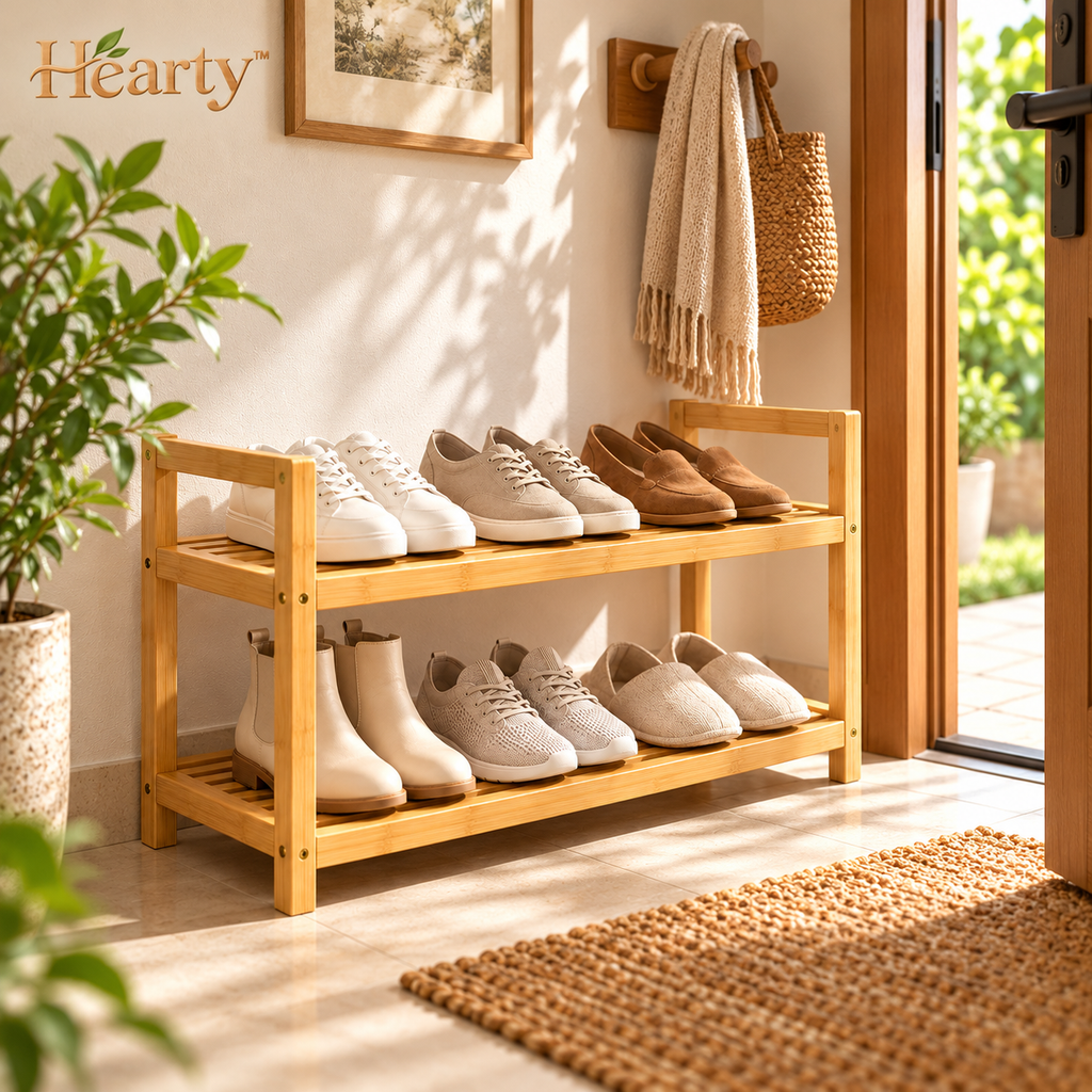 Two-Tier Bamboo Shoe Rack – Natural Entryway Footwear Organizer detail