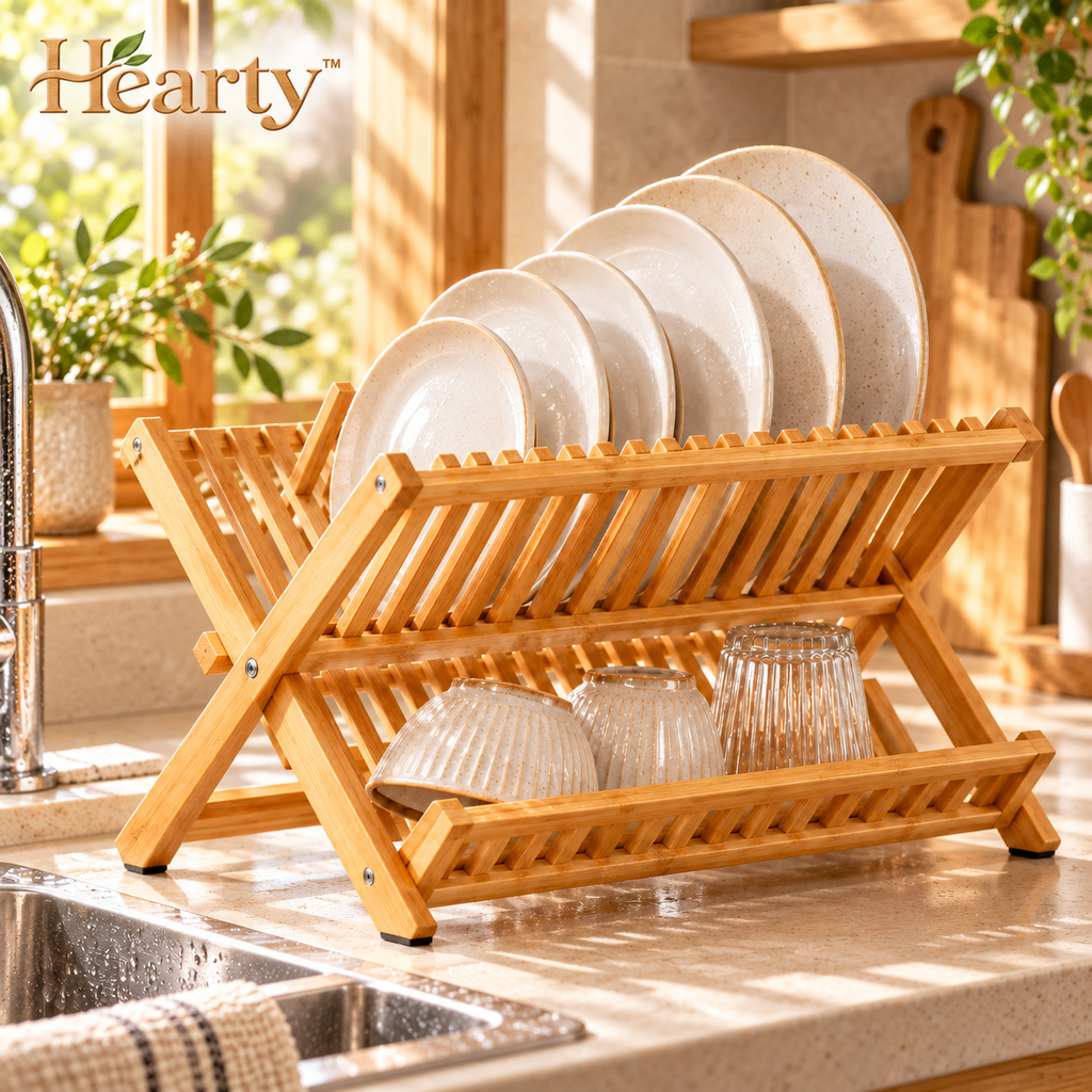 Foldable Bamboo Dish Drying Rack – Two-Level Kitchen Countertop Drainer detail