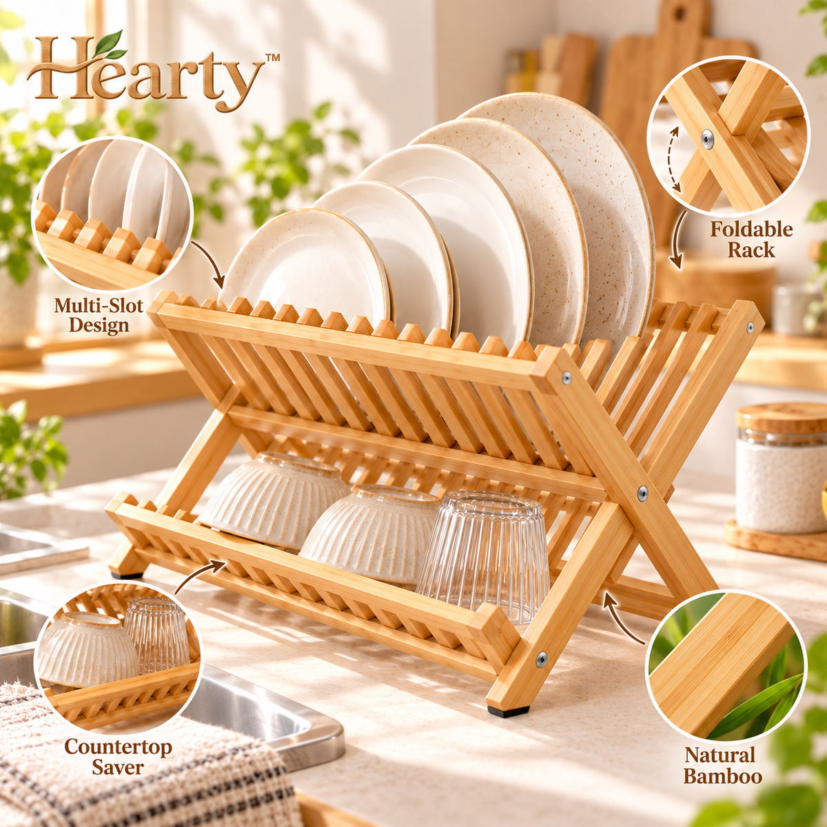 Foldable Bamboo Dish Drying Rack – Two-Level Kitchen Countertop Drainer lifestyle